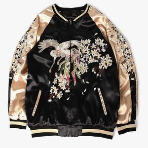 Asian Sukajan Jacket Black Gold Satin Embroidery Phoenix Cherry Blossoms EC